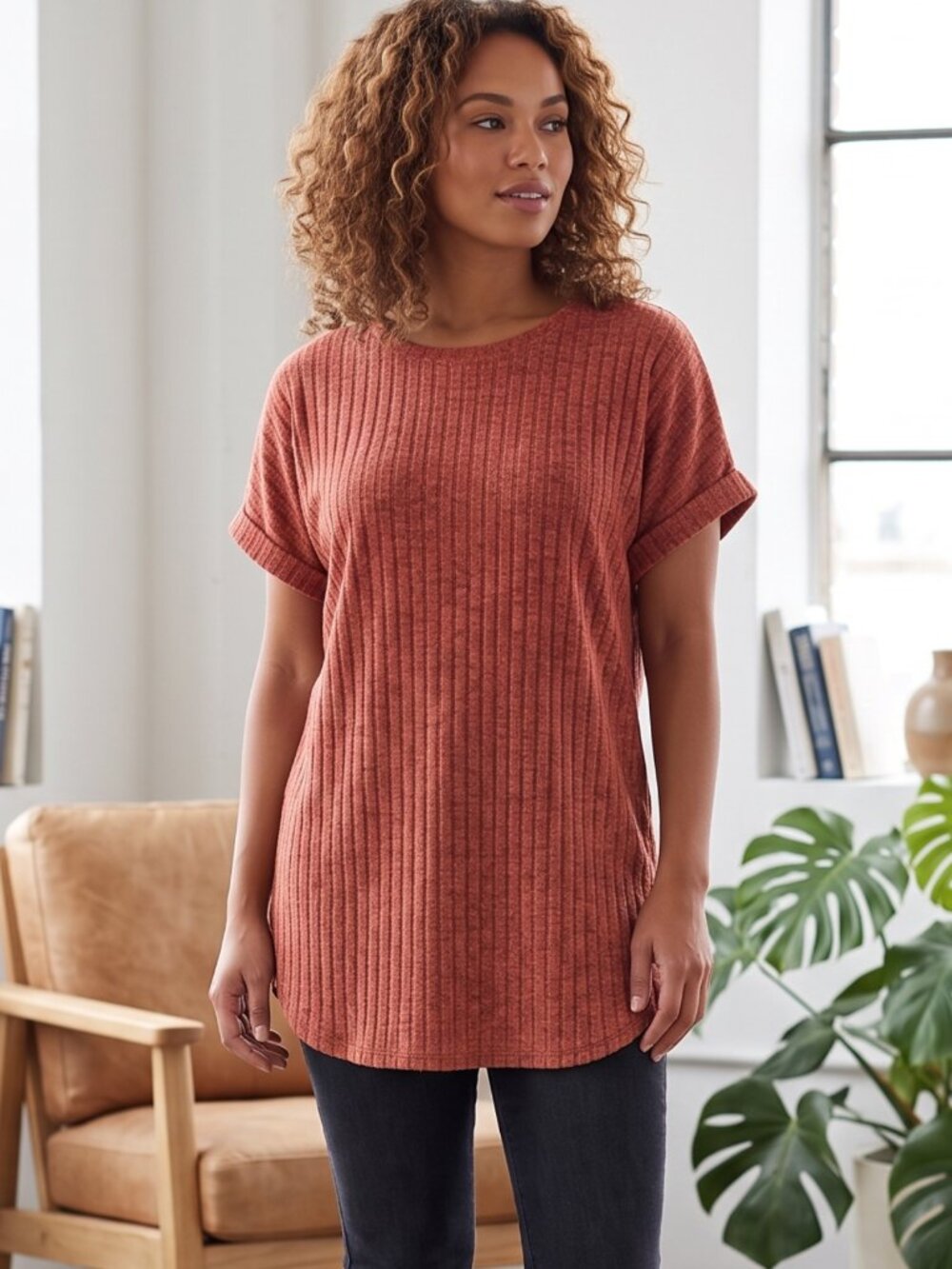 NWT | Automet Rust Brown Ribbed Short Sleeve Top | Dolman Sleeve | Large